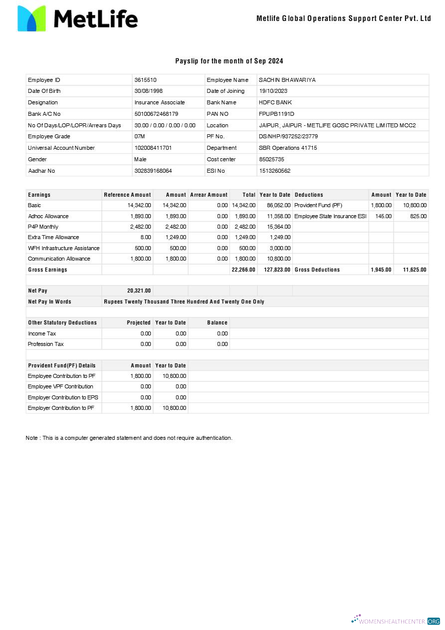 Download Metlife Global Operations Support Center payslip template in Word and PDF formats.pdf, 1 Photoshop template